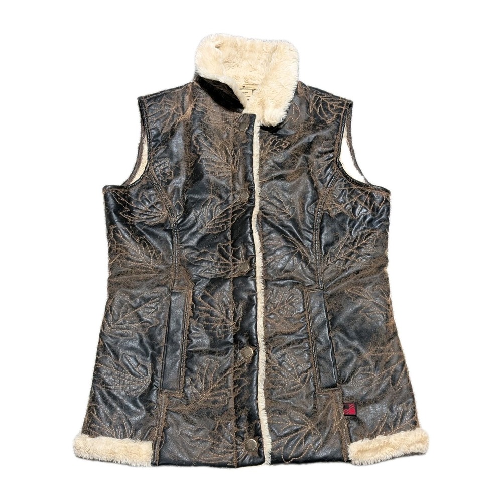 Woolrich Vest Saddle Brown Faux Leather Sherpa Lined Leaf Embroidered Women's S